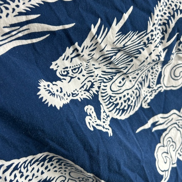 Vintage 70s Dragon Print Belted Kimono Robe OS Unisex Full Length Navy Cotton - Picture 7 of 12